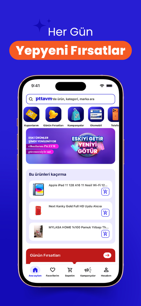 PttAVM - Güvenli Alışveriş - PttAVM mobile app homepage interface showing daily deals and product listings on an iPhone screen.