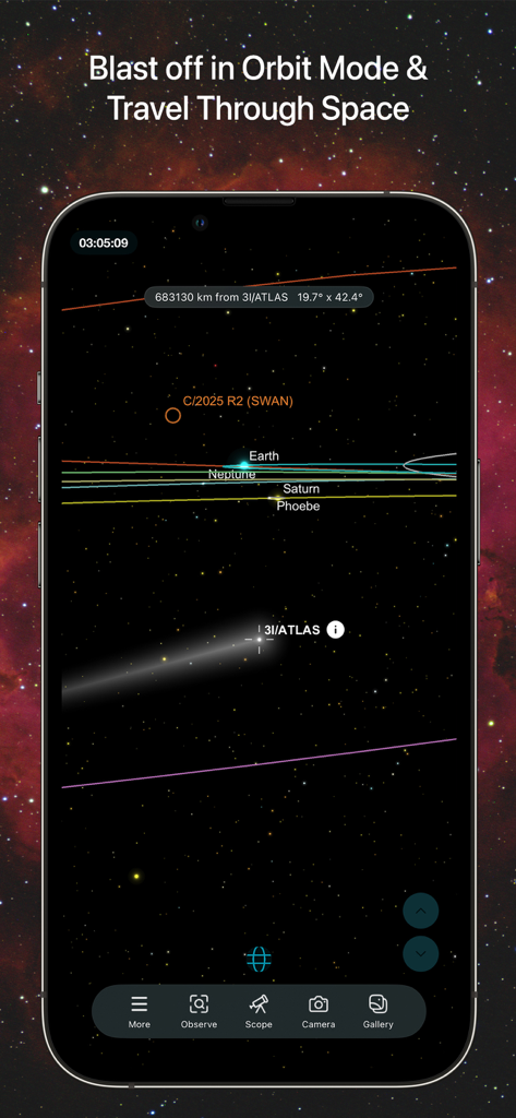 SkySafari 8 Pro - SkySafari 8 Pro Orbit Mode showing a 3D view of the solar system with Earth and Saturn