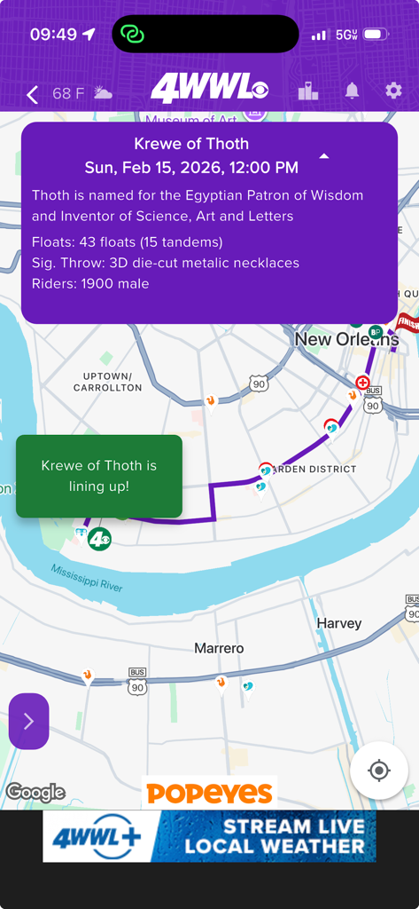 The WWL Parade Tracker app interface showing the Krewe of Thoth parade route on a New Orleans map with real-time status and krewe details.
