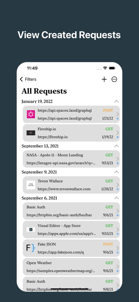 REST API Clientモバイルアプリケーション内で日付別に整理された保存済みAPIリクエストのリスト
