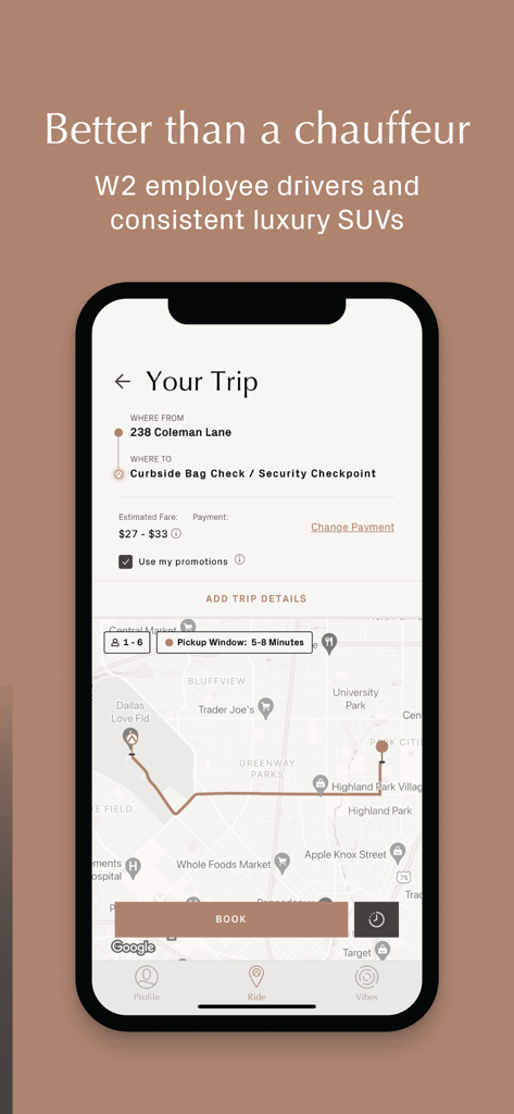Alto - Alto app interface showing a trip booking screen with a route map and fare estimate for a luxury ride service