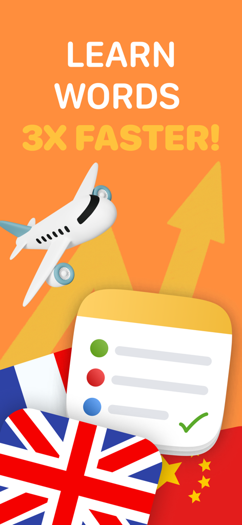 Promotional graphic for My Dictionary app showing Learn Words 3x Faster with international flags and an airplane.
