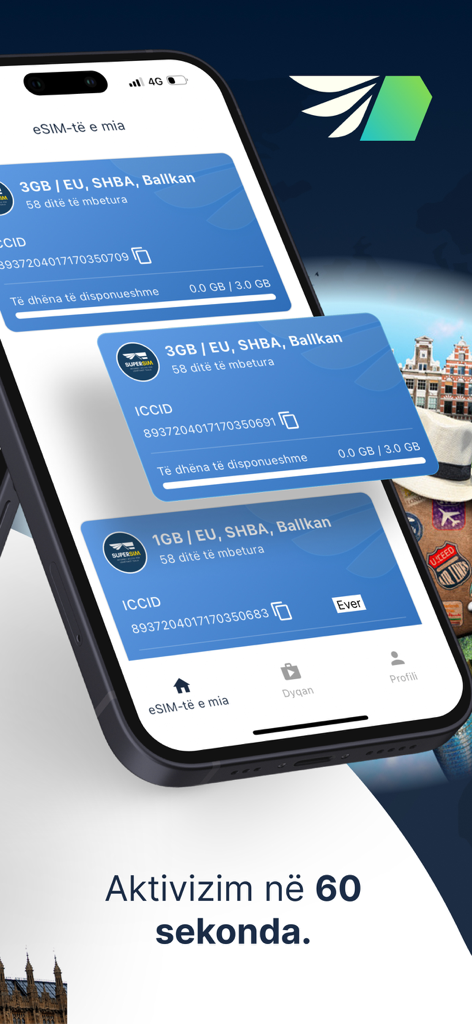 Interfaccia dell'app SuperSim che mostra piani dati eSIM internazionali e attivazione in 60 secondi