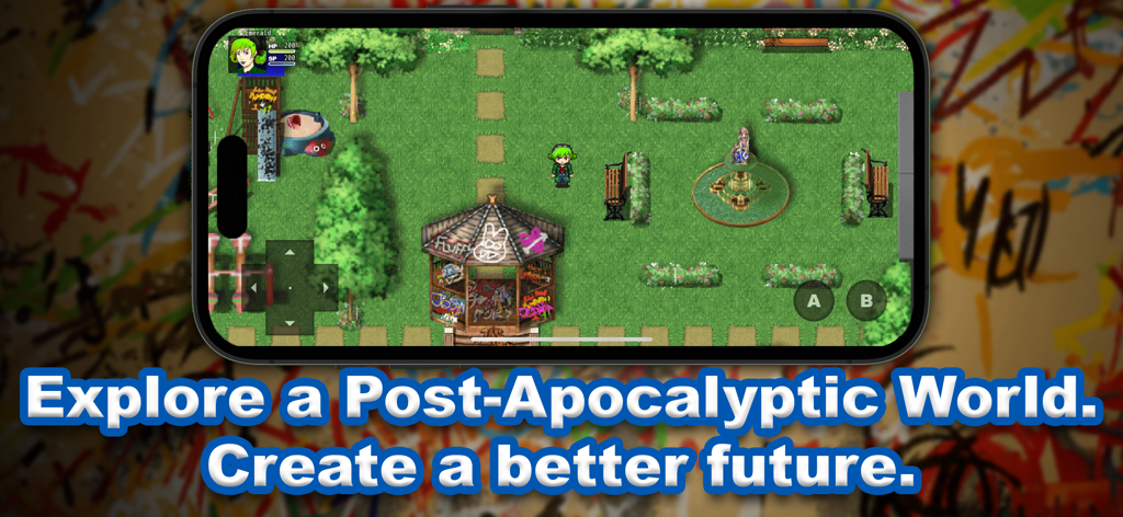 The Tribe Game - Capture d'écran du gameplay mobile de The Tribe Game montrant un personnage en exploration vue de dessus dans un parc post-apocalyptique.