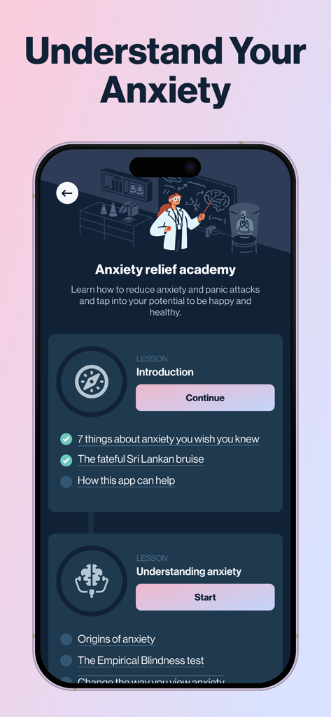 Anxiety Relief: Calmer - Interfaz de la aplicación móvil de la Academia de Alivio de la Ansiedad que muestra lecciones educativas para ayudar a comprender y manejar la ansiedad.