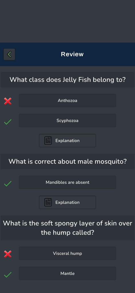 Zoology Knowledge Quiz - Tela de revisão do aplicativo Quiz de Conhecimentos de Zoologia mostrando respostas corretas e incorretas para perguntas de biologia