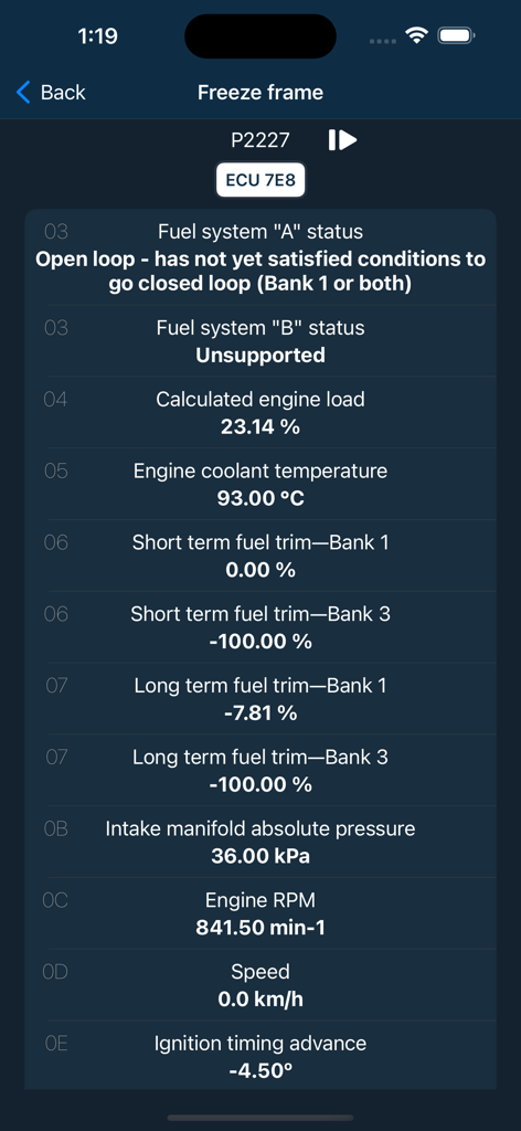Car Mate - OBD2 CAR Scanner - Car Mate OBD2 scanner app displaying vehicle freeze frame diagnostic data including engine load and coolant temperature