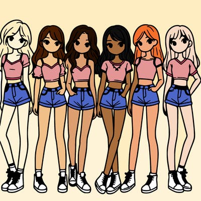 a group of girls wearing crop tops and shorts