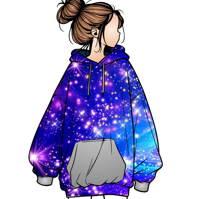 realistic girl with a oversized sweatshirt on and a bun