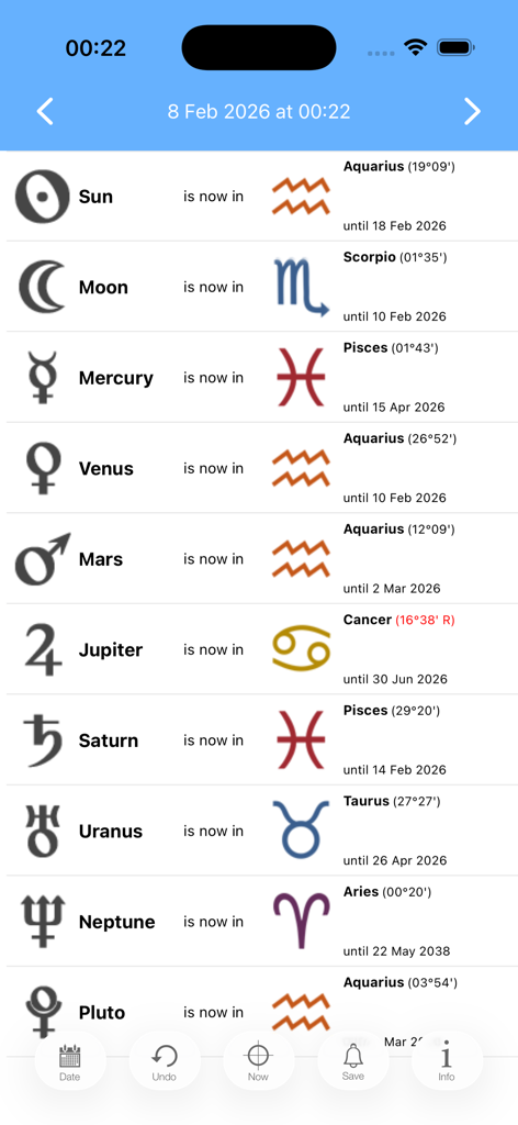 Una pantalla de aplicación móvil que muestra una lista técnica de posiciones planetarias que incluyen grados de signos del zodíaco y fechas de próximos ingresos.