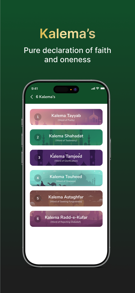 Muslim Prayer - Qibla Compass - Screenshot of the Six Kalemas declarations of faith in the Muslim Prayer app
