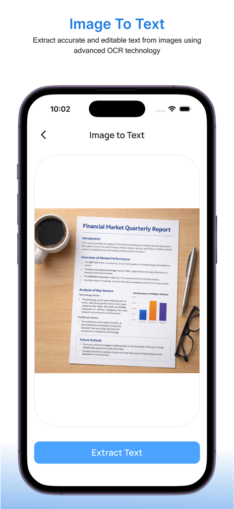 Document Scanner: PDF & OCR - iPhoneアプリ画面に、テキスト抽出ボタンが付いた財務報告書ドキュメントをスキャンする画像からテキストへの機能が表示されます。