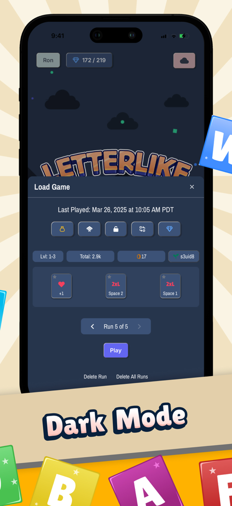 Load game screen of Letterlike word roguelike in dark mode