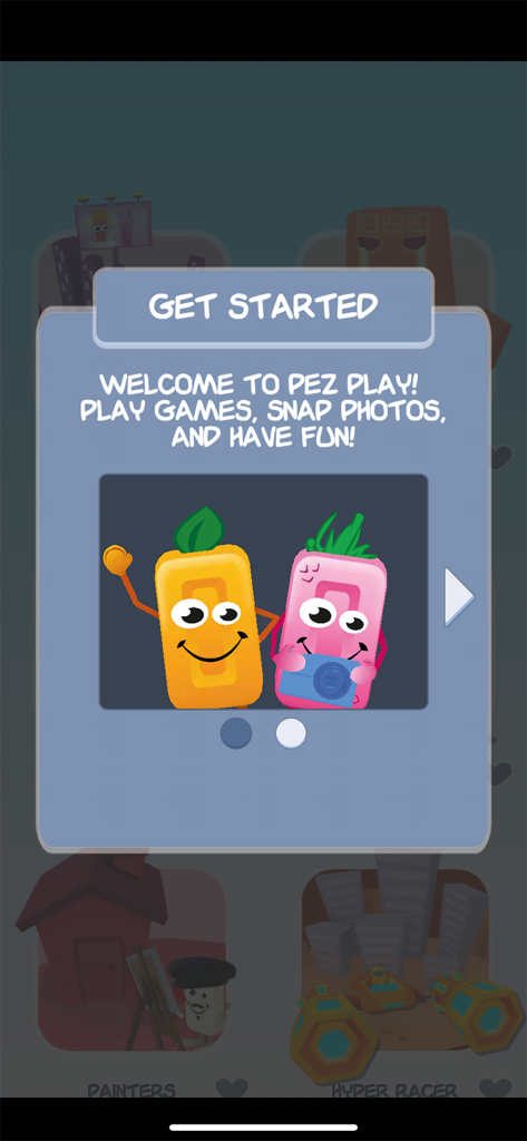 Welcome screen of the PEZ Play app featuring two cartoon PEZ characters holding a camera.
