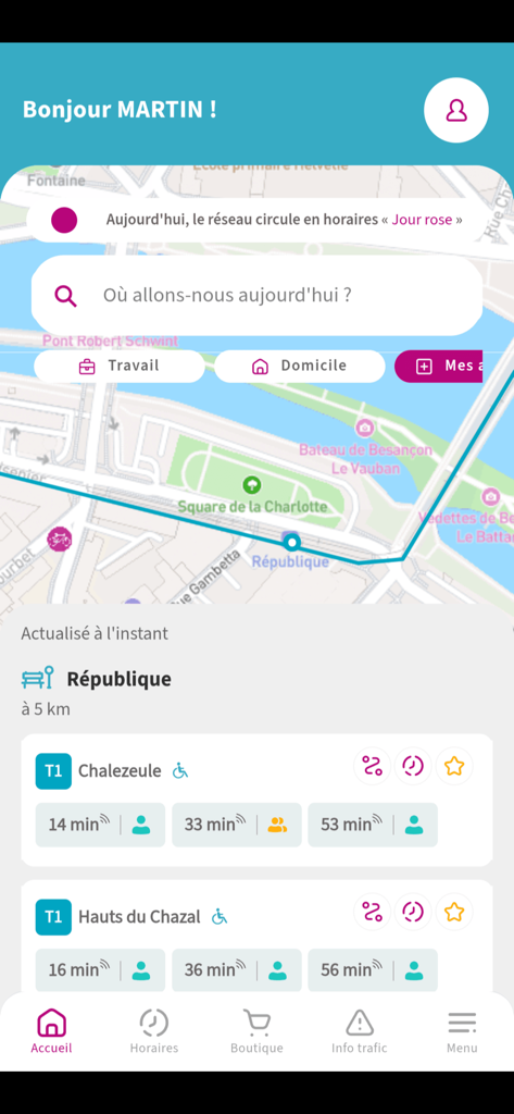 Ginko Mobilités - Écran d'accueil de l'application mobile Ginko Mobilites montrant une carte interactive et les horaires de tram en temps réel à Besançon
