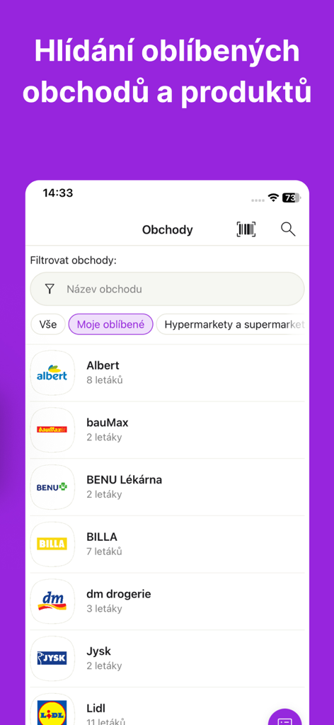 Kupi.cz - Rádce před nákupy - Mobile app interface of Kupi.cz showing a searchable list of favorite retail stores and their active digital flyers