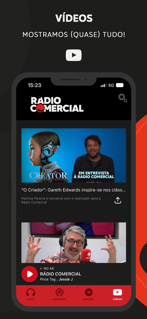 Radio Comercial - Radio Comercial mobile App-Bildschirm, der den Videobereich mit Promi-Interviews und Radio-Studio-Highlights anzeigt