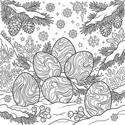 Embark on a captivating coloring journey with this unique Marbled Easter Eggs in a Winter Wonderland scene. Perfect for those who love unexpected seasonal blends and intricate designs.