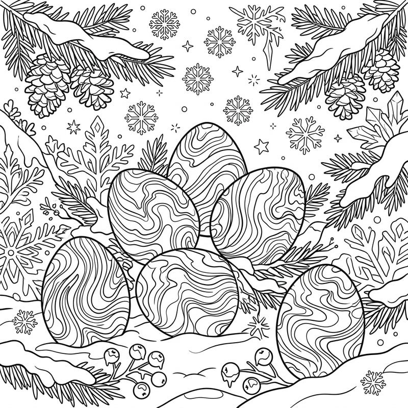 Embark on a captivating coloring journey with this unique Marbled Easter Eggs in a Winter Wonderland scene. Perfect for those who love unexpected seasonal blends and intricate designs.