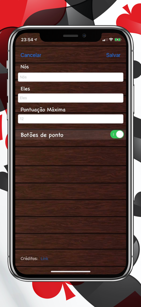Truco Marcador • Conta Tento - Settings screen of the Truco Marcador app with team names and maximum score fields over a wood background
