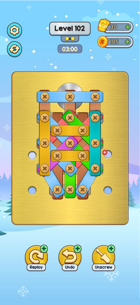 Unscrew Master: Nuts & Bolts - Gameplay von Unscrew Master Nuts and Bolts, das ein Logik-Rätsel mit Schrauben und farbigen Metallplatten zeigt