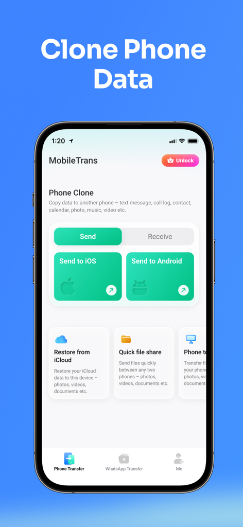Data Transfer - MobileTrans - Pantalla de la aplicación MobileTrans para clonar datos entre teléfonos iOS y Android