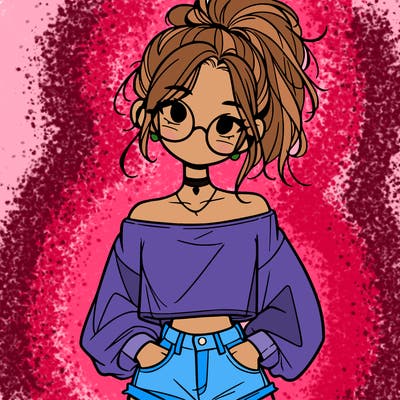 girl with a messy ponytail glasses a baggy crop top and jean shorts