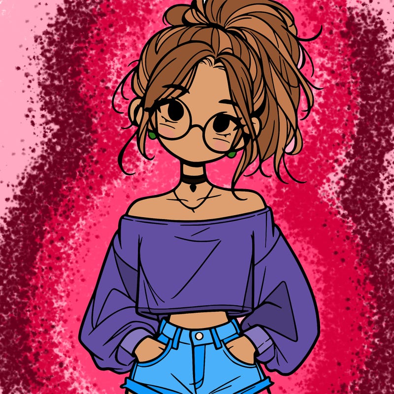 girl with a messy ponytail glasses a baggy crop top and jean shorts