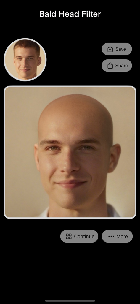 AI Face Magic - Your Bald Head - A comparison showing a man with hair and his AI generated bald head result