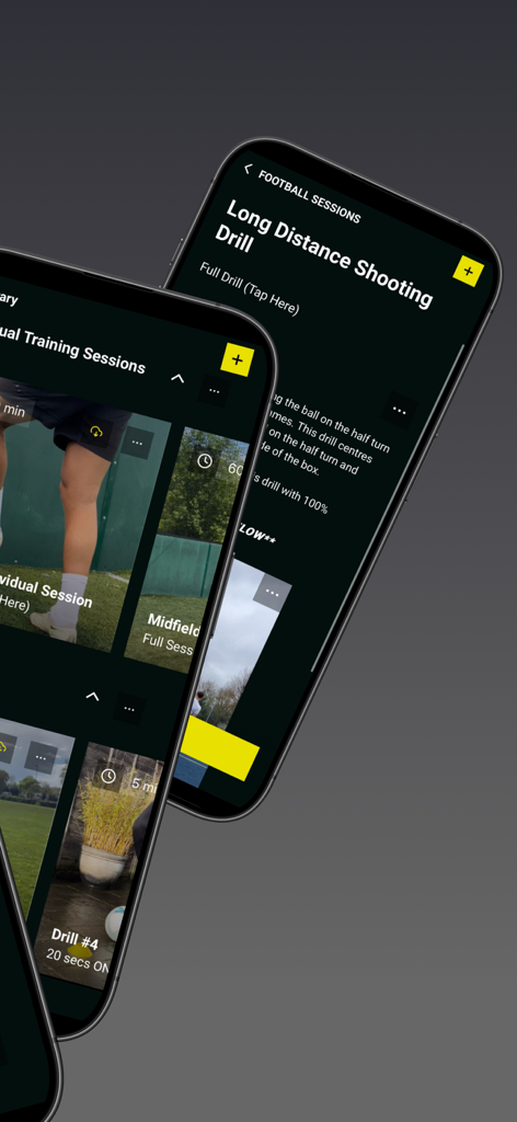 PAPS Training app interface showing individual soccer sessions and long distance shooting drills