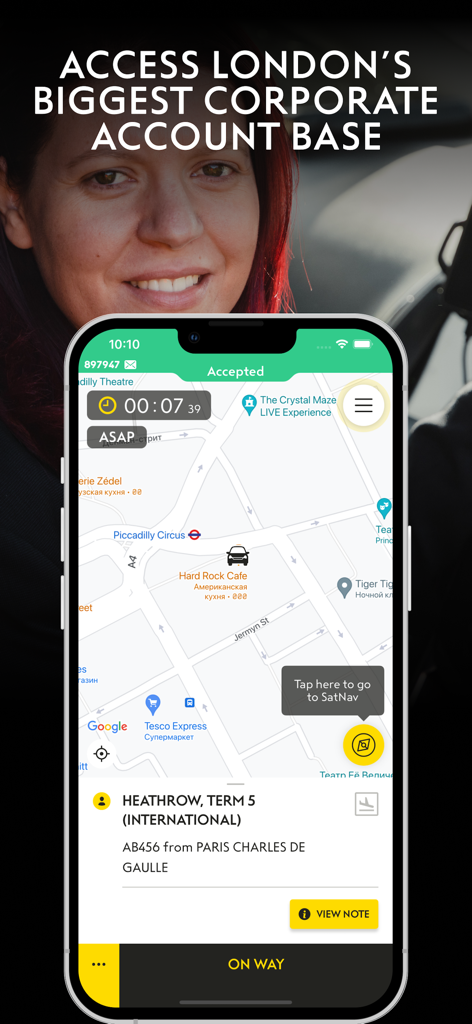 Addison Lee Driver - Addison Lee Driver app showing navigation map and Heathrow airport pickup request