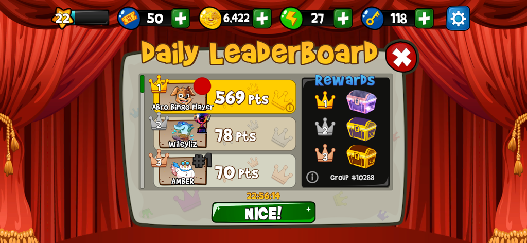 Daily leaderboard showing top player rankings and rewards in Abradoodle Bingo