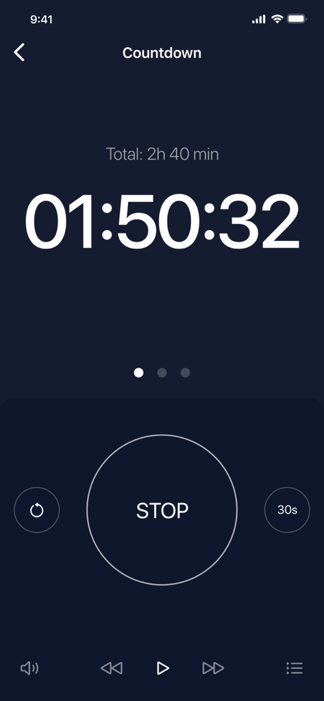 Stopwatch & Countdown Timer - Interfaz minimalista de una aplicación móvil de temporizador que muestra una hora y cincuenta minutos restantes