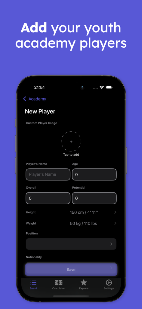 Career Mode Tracker - A mobile interface to add youth academy players in Career Mode Tracker