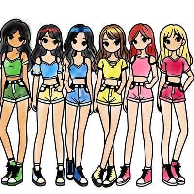 a group of girls wearing crop tops and shorts