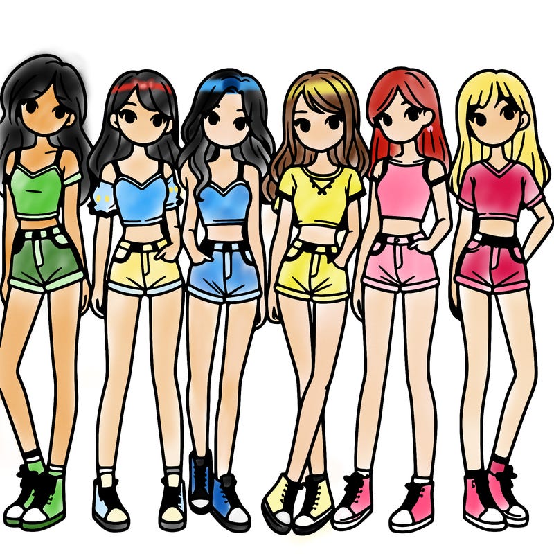 a group of girls wearing crop tops and shorts