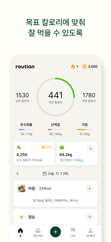 Tableau de bord de l'application Roution montrant l'apport calorique quotidien, le suivi des macronutriments et les progrès d'activité