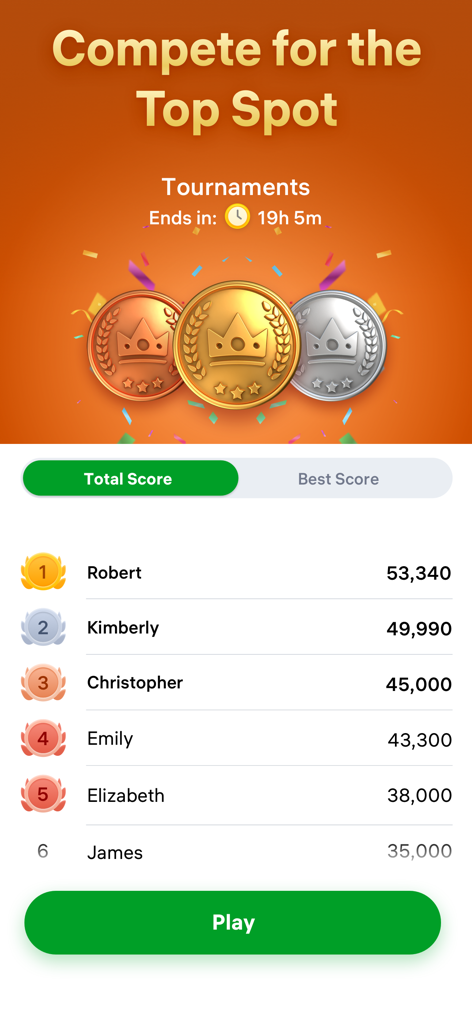 Spider Solitaire – Card Games - Un classement de tournoi de Spider Solitaire montrant les noms des joueurs et les scores totaux