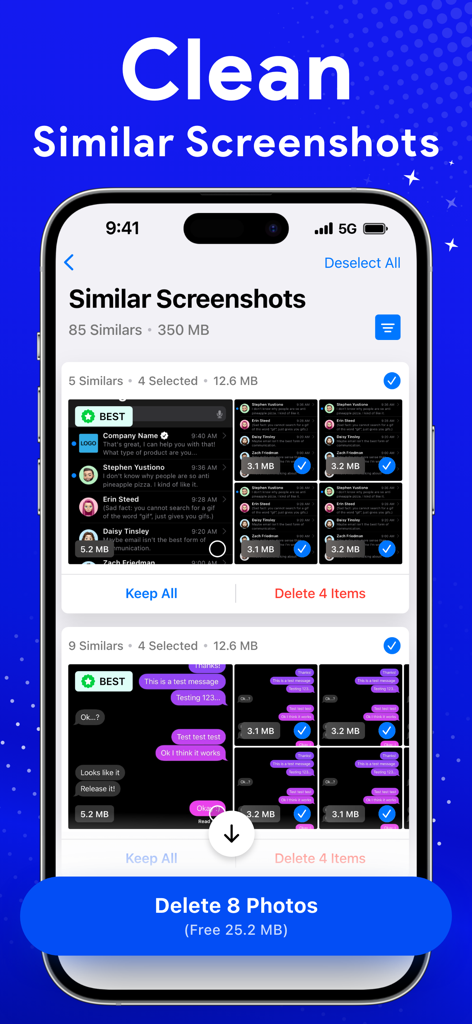 Cleaner: Free Up Storage Guru - Interface showing how to delete similar screenshots in the Cleaner app