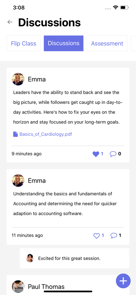 Interface of the Classe365 app discussions page featuring social learning posts and file sharing.