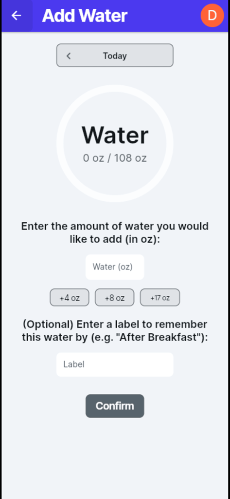 HydroMeal - Pantalla de la aplicación HydroMeal para registrar la ingesta diaria de agua con botones de cantidad preestablecidos.