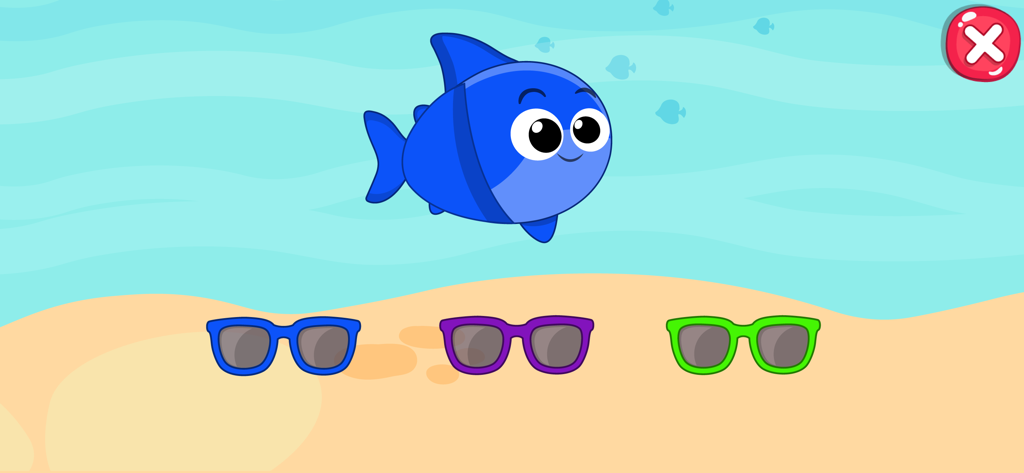 Kids Nursery Rhymes & Songs 1+ - Un pez azul de dibujos animados nadando en el océano sobre tres pares de gafas de sol coloridas en una aplicación de aprendizaje para niños.