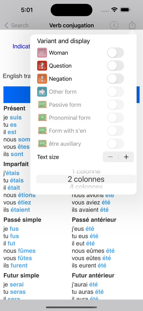 Le Conjugueur - Le Conjugueur app interface showing French verb conjugation display options and variants.