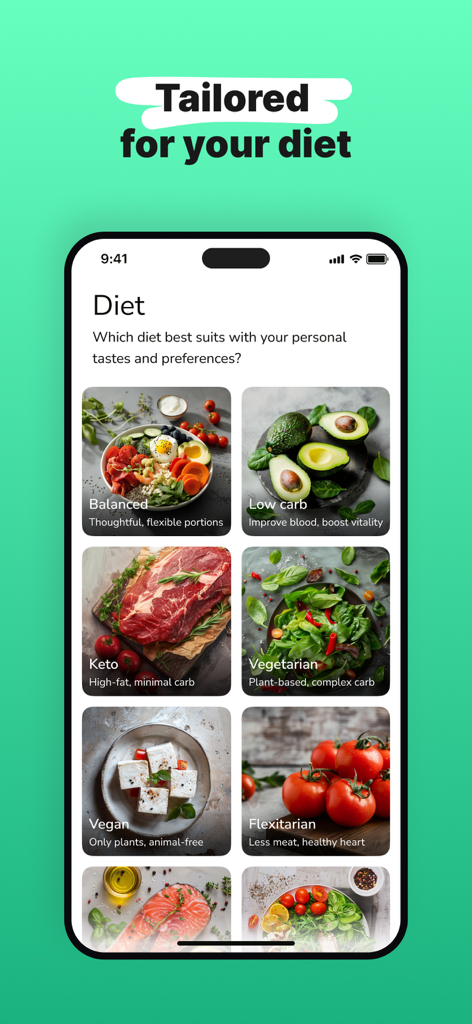 Eatr: Tasty Cooking Recipes - Tela móvel do aplicativo Eatr mostrando opções dietéticas como Keto, Vegano e Vegetariano para recomendações de receitas personalizadas