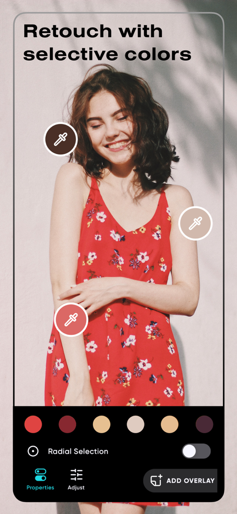 Polarr app screenshot demonstrating selective color retouching on a portrait of a woman