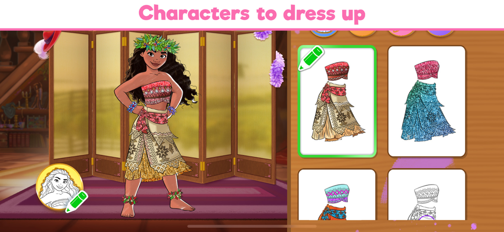 Moana Charakter-Anzieh-Bildschirm in der Disney Coloring World App