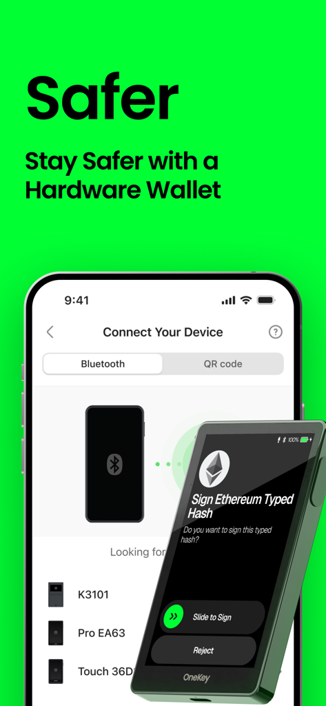 OneKey:Crypto & Bitcoin Wallet - OneKey app interface showing hardware wallet connection for secure signing