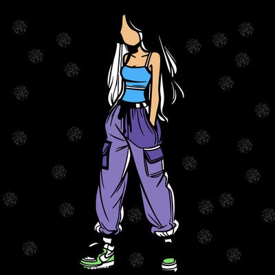 girl in baggy pants crop top and long hair