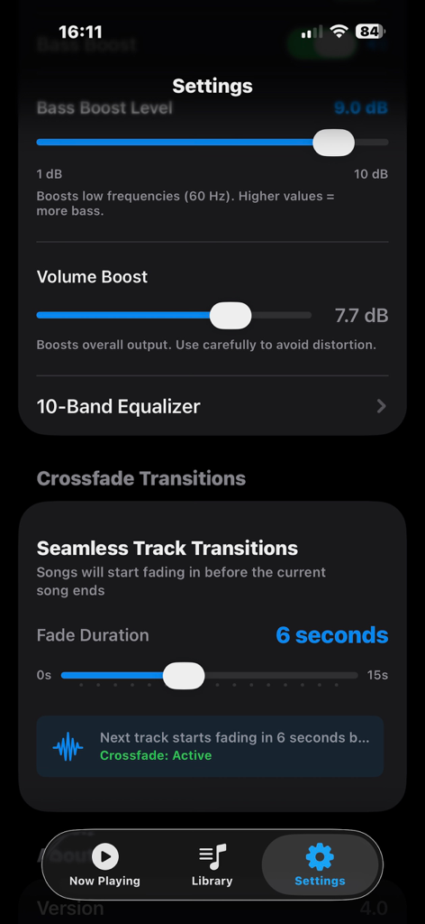 Whymzy Music Player - The audio settings screen of the Whymzy Music Player app showing bass boost volume boost and crossfade transition controls