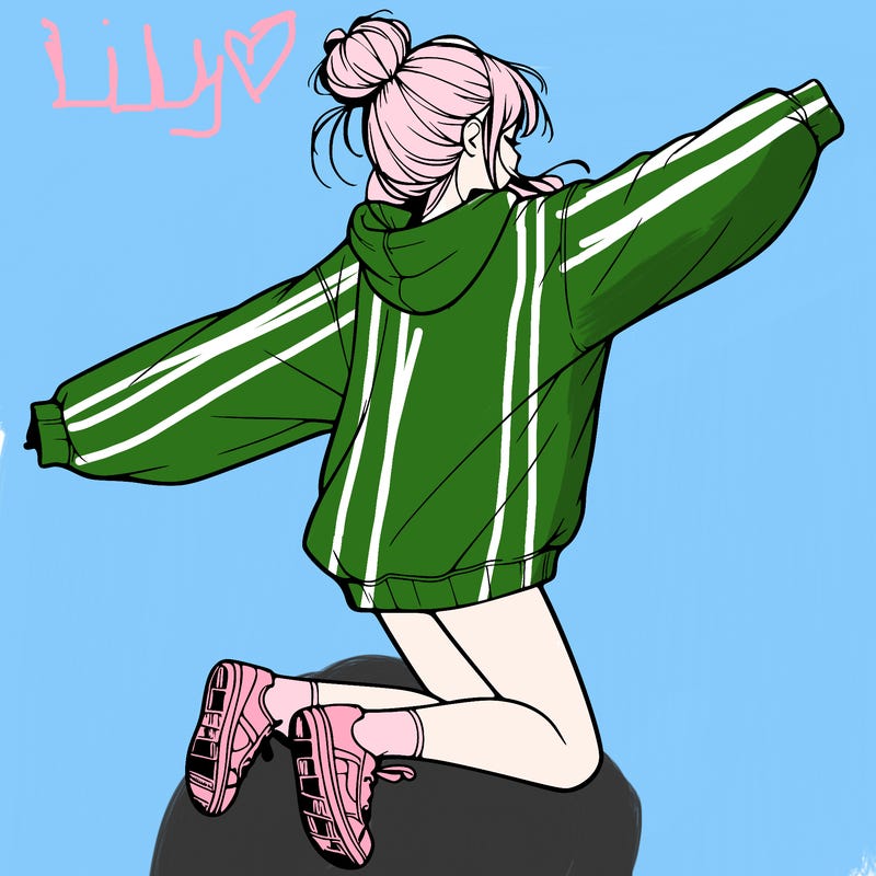 realistic girl jumping with a bun and oversized sweatshirt